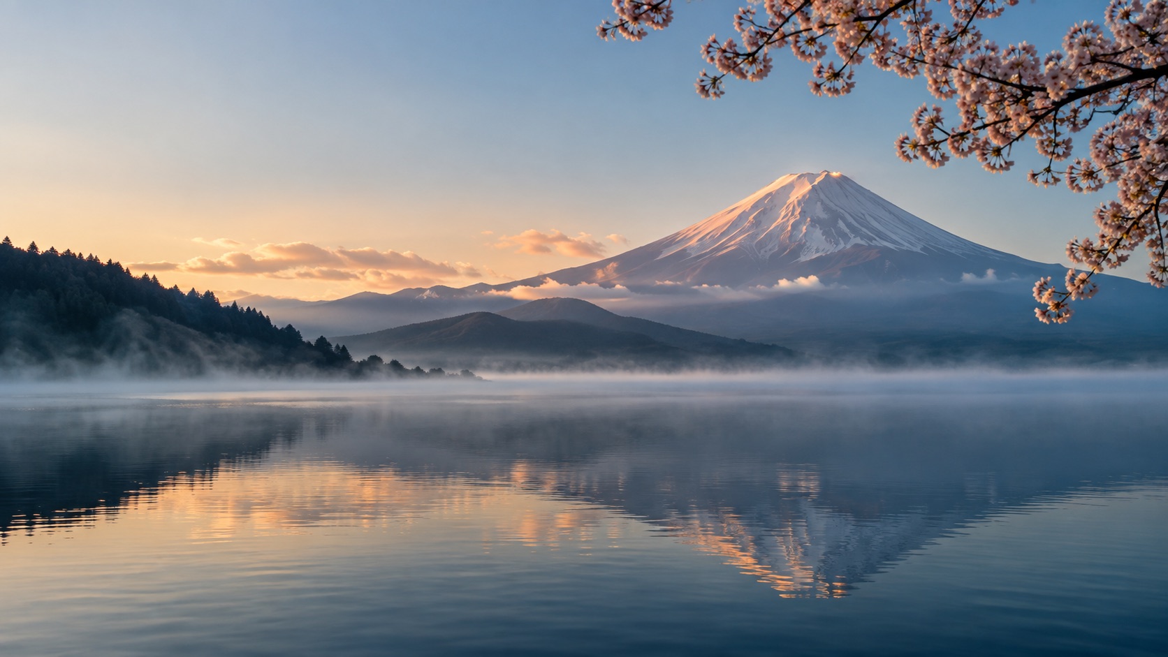 朝の富士山と湖の生成イメージ