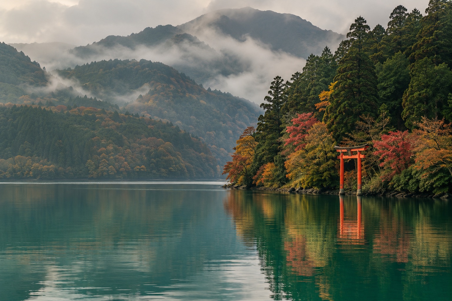 山々と静かな湖の生成イメージ