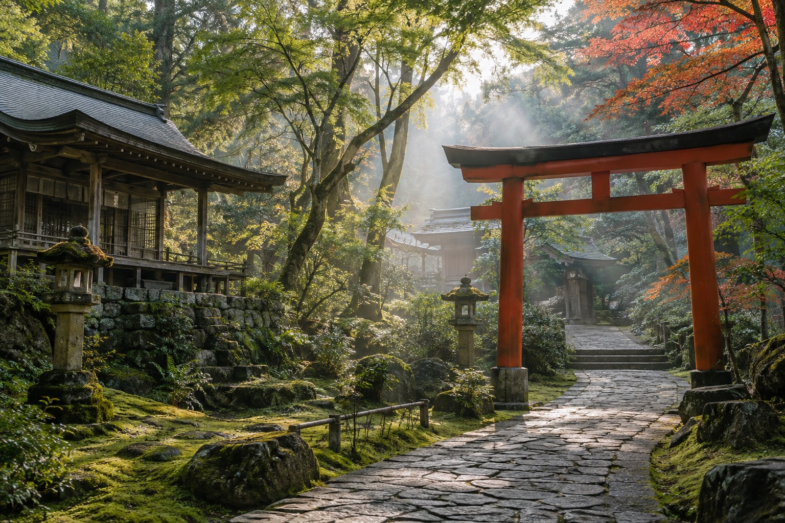 緑に包まれた鳥居と参道の生成イメージ